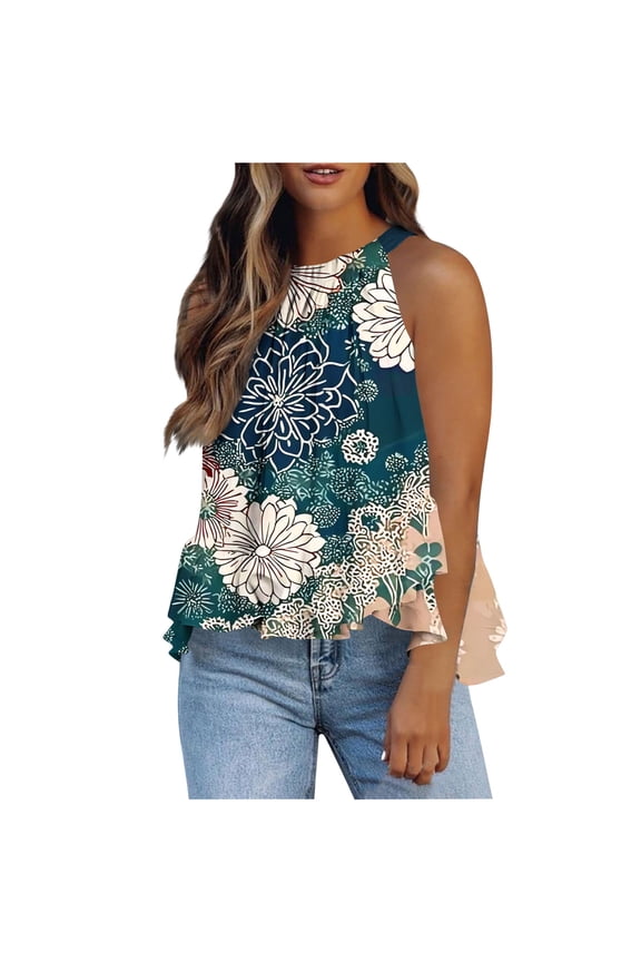 Ichuanyi Halter Flowy Tops for Women Summer Striped Sleeveless Shirts Blouse Casual Tank Tops Ruffle Hem Tops for Juniors
