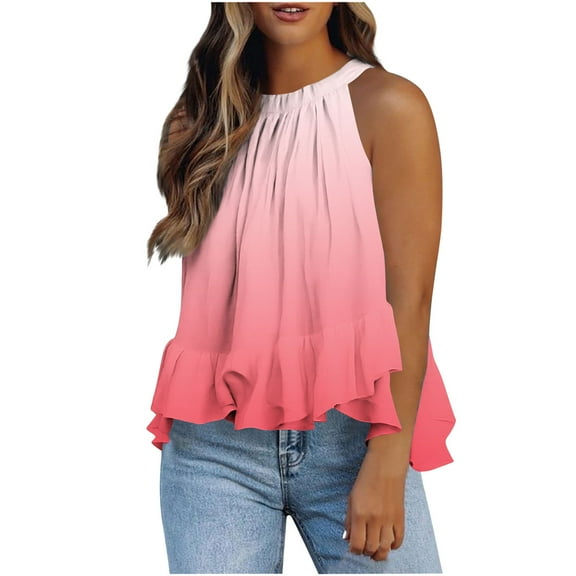 Ichuanyi Halter Flowy Tops for Women Summer Striped Sleeveless Shirts Blouse Casual Tank Tops Ruffle Hem Tops for Juniors