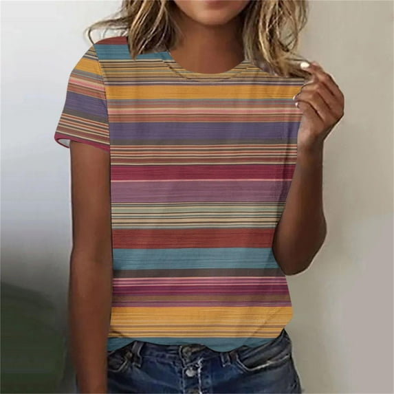 Ichuanyi Ichuanyi T Shirts for Women Striped Crewneck Casual Basic Summer Tops Short Sleeve Color Block Loose Tee Shirts