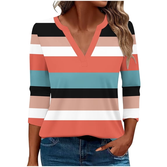 Ichuanyi Ladies Fashion Printed V Neck T-Shirt, Women's Loose Fit Three Quarter Sleeve Top, Casual Breathable Shirt, Soft Everyday Comfort Blouse