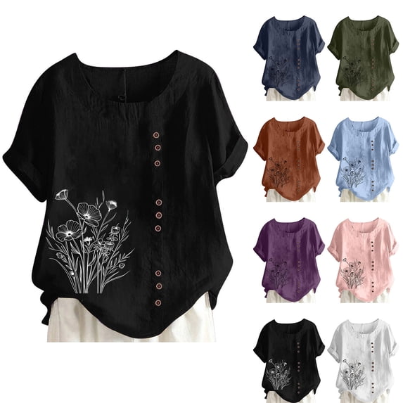 Ichuanyi Linen Shirts for Women Cotton Linen Shirts Short Sleeve Crewneck Blouse Button Casual Loose Fit T Shirt Tunic Tops for Summer