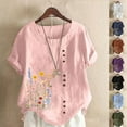thumbnail image 1 of Ichuanyi Linen Shirts for Women Cotton Linen Shirts Short Sleeve Crewneck Blouse Button Casual Loose Fit T Shirt Tunic Tops for Summer, 1 of 5