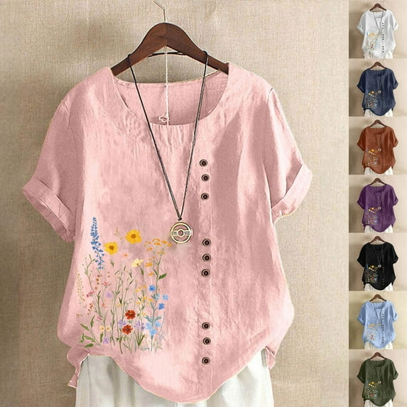 Ichuanyi Linen Shirts for Women Cotton Linen Shirts Short Sleeve Crewneck Blouse Button Casual Loose Fit T Shirt Tunic Tops for Summer