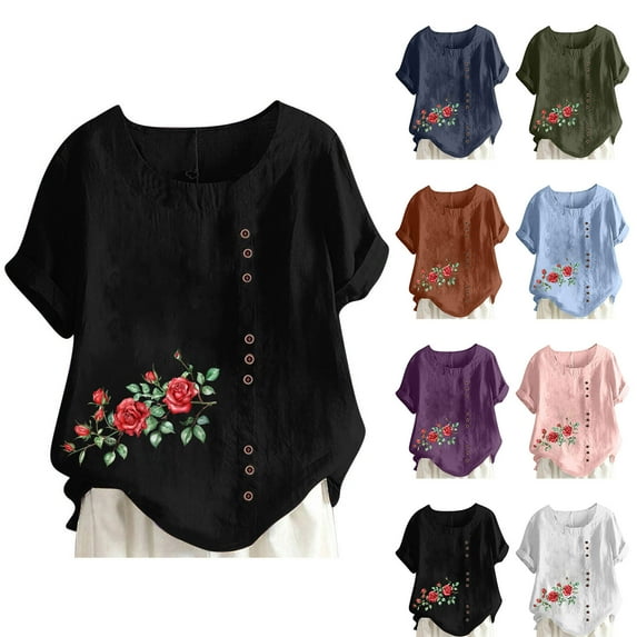 Ichuanyi Linen Shirts for Women Cotton Linen Shirts Short Sleeve Crewneck Blouse Button Casual Loose Fit T Shirt Tunic Tops for Summer