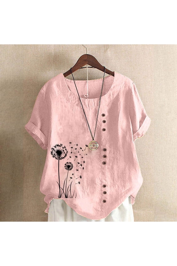 Ichuanyi Linen Shirts for Women Cotton Linen Shirts Short Sleeve Crewneck Blouse Button Casual Loose Fit T Shirt Tunic Tops for Summer