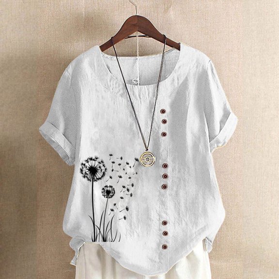 Ichuanyi Linen Shirts for Women Cotton Linen Shirts Short Sleeve Crewneck Blouse Button Casual Loose Fit T Shirt Tunic Tops for Summer