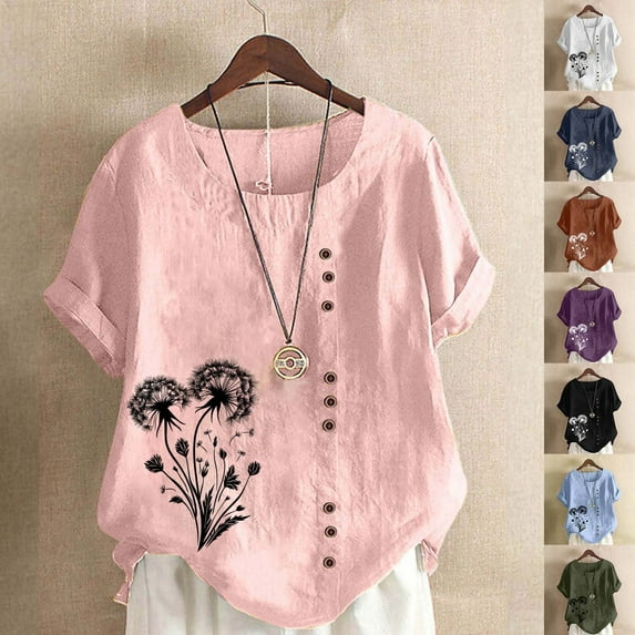 Ichuanyi Linen Shirts for Women Cotton Linen Shirts Short Sleeve Crewneck Blouse Button Casual Loose Fit T Shirt Tunic Tops for Summer