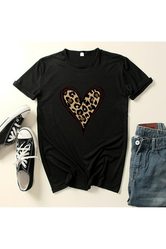 Ichuanyi New Fashion Women's Top Short Sleeve Casual Love Leopard Printed Loose T-shirt