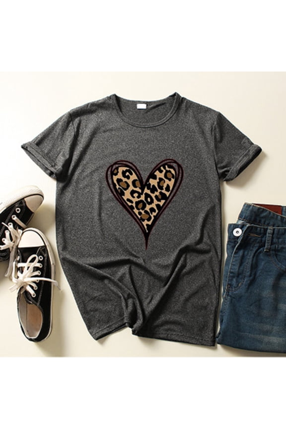 Ichuanyi New Fashion Women's Top Short Sleeve Casual Love Leopard Printed Loose T-shirt