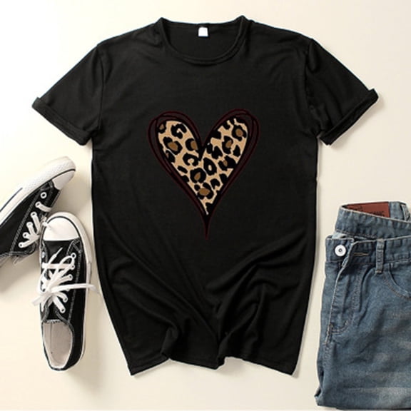 Ichuanyi New Fashion Women's Top Short Sleeve Casual Love Leopard Printed Loose T-shirt