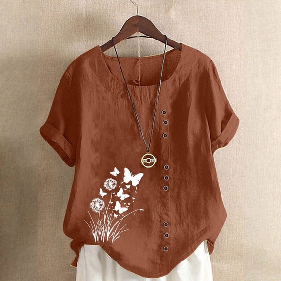 Ichuanyi Oversized Crew Neck Linen Tops for Women Short Sleeve Printed Short Sleeve Button T-shirt Blouse