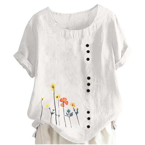 Ichuanyi Oversized Crew Neck Linen Tops for Women Short Sleeve Printed Short Sleeve Button T-shirt Blouse