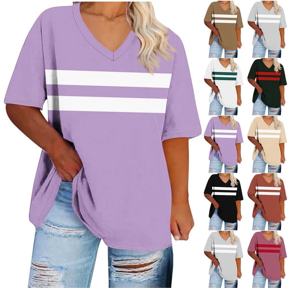 Ichuanyi Oversized Tshirts for Women Summer Short Sleeve V Neck Solid Basic Loose Casual Tunic Tees