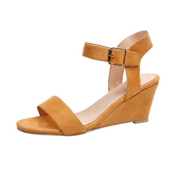 Ichuanyi Slippers for Women Women's Solid Color Round Toe Wedge Heel Buckle Suede Low Top Sandals Shoes