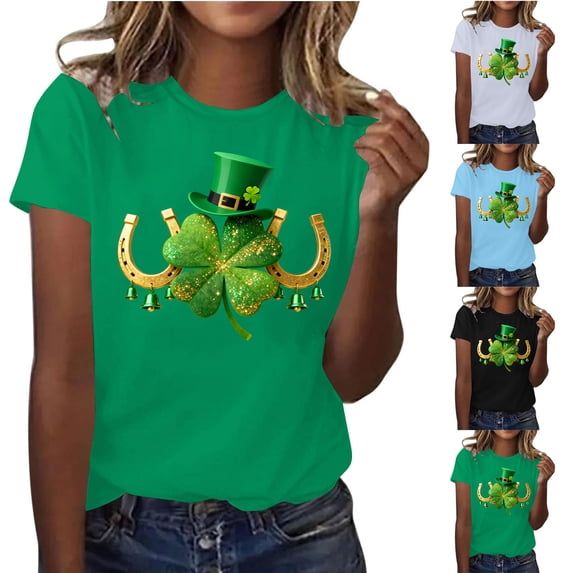 Ichuanyi St. Patrick's Day Round Neck Short Sleeved Shirts for Women Graphic Tees St Patty's Lucky T-Shirt Irish Tops