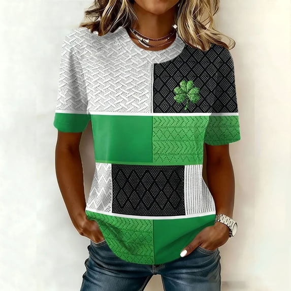 Ichuanyi St Patricks Day Round Neck Short Shirts for Women Green Lucky Graphic Shirt Casual Short Sleeve T Shirt Tops Pullover Casual Tee