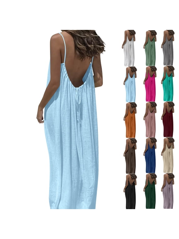 Ichuanyi Summer Dresses Women Casual Solid Sleeveless Dress Sling Backless Long Dress