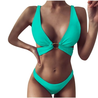 Ichuanyi Swimsuits for Women Women's Fashion Bikini Set Swimsuit Two Piece Solid Color Sling Swimwear Beachwear