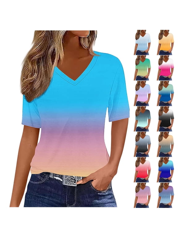 Ichuanyi T Shirts for Women Short Sleeve V Neck Gradient Printed Tshirts Loose Fit Lightweight Soft Casual Summer Spring Tee Tops
