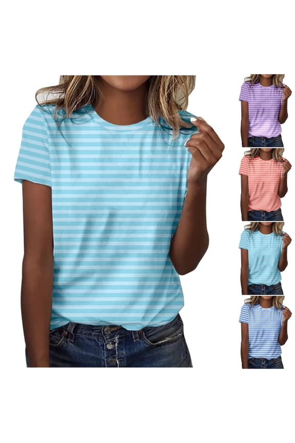 Ichuanyi T Shirts for Women Striped Crewneck Casual Basic Summer Tops Short Sleeve Color Block Loose Tee Shirts