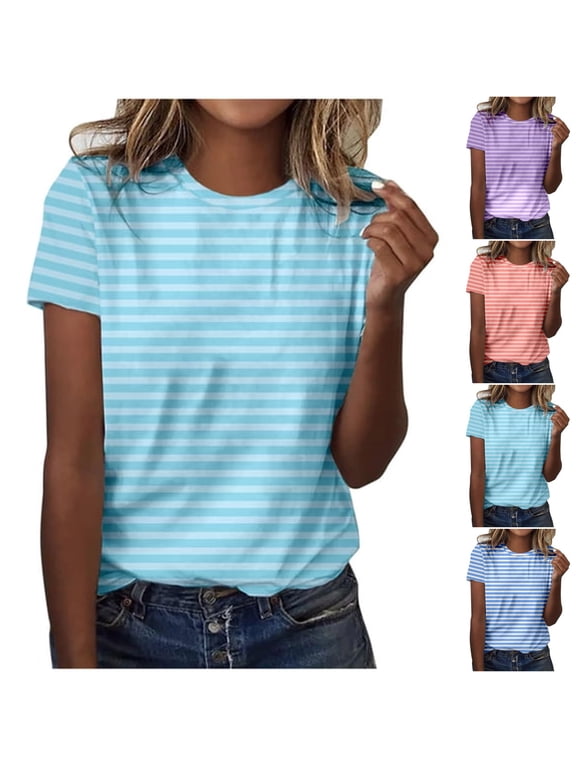 Ichuanyi T Shirts for Women Striped Crewneck Casual Basic Summer Tops Short Sleeve Color Block Loose Tee Shirts