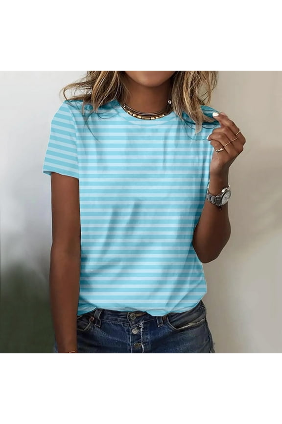 Ichuanyi T Shirts for Women Striped Crewneck Casual Basic Summer Tops Short Sleeve Color Block Loose Tee Shirts