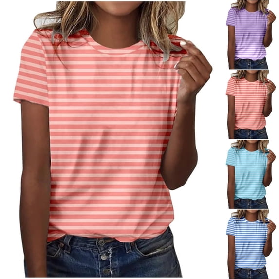 Ichuanyi T Shirts for Women Striped Crewneck Casual Basic Summer Tops Short Sleeve Color Block Loose Tee Shirts