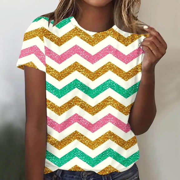 Ichuanyi T Shirts for Women Striped Crewneck Casual Basic Summer Tops Short Sleeve Color Block Loose Tee Shirts