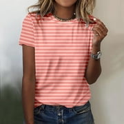 Ichuanyi T Shirts for Women Striped Crewneck Casual Basic Summer Tops Short Sleeve Color Block Loose Tee Shirts