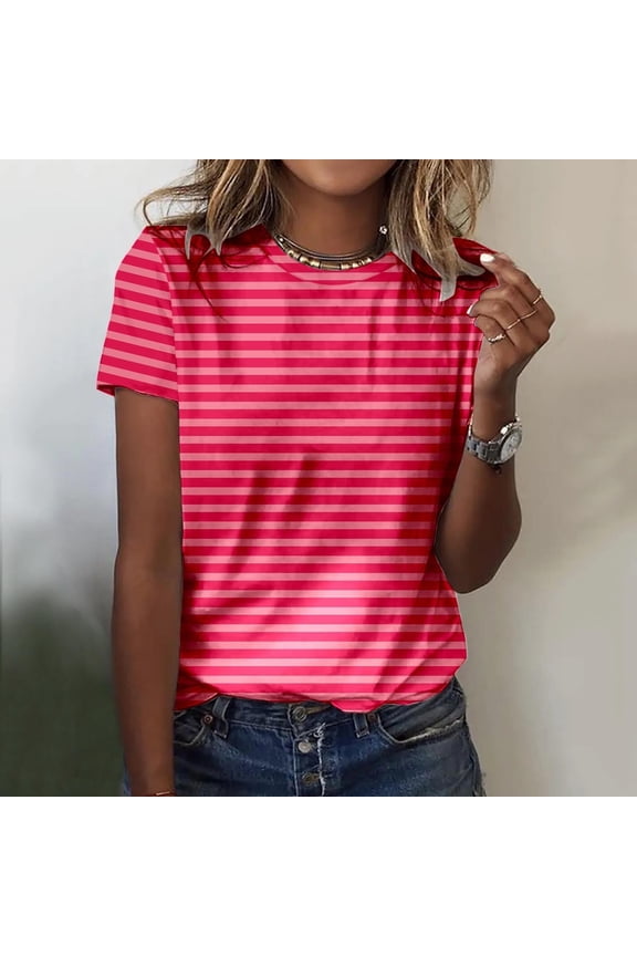 Ichuanyi T Shirts for Women Striped Crewneck Casual Basic Summer Tops Short Sleeve Color Block Loose Tee Shirts