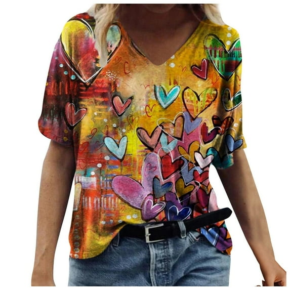 Ichuanyi Trendy Floral T-Shirt Women's Summer Short Sleeve Tunic Tops V Neck Graphic Tees Shirt Casual Comfy Blouses Tops