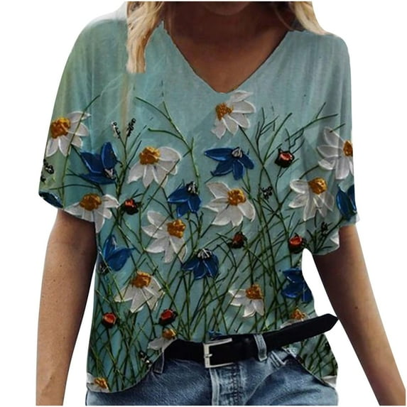 Ichuanyi Trendy Floral T-Shirt Women's Summer Short Sleeve Tunic Tops V Neck Graphic Tees Shirt Casual Comfy Blouses Tops