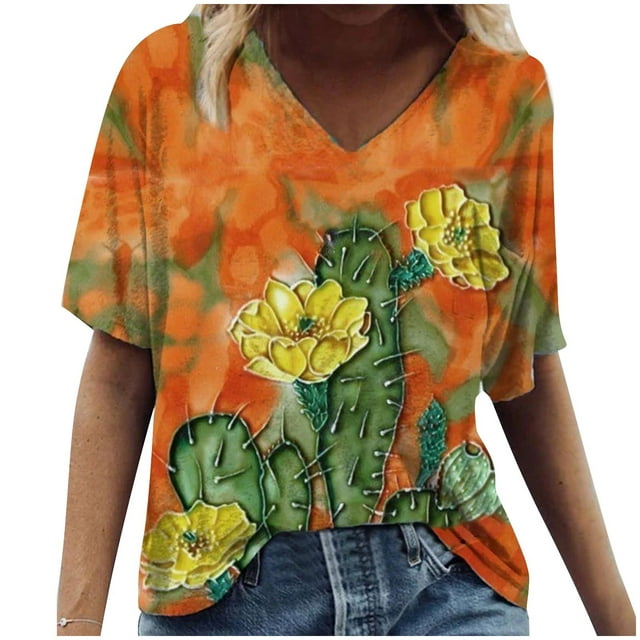Ichuanyi Trendy Floral T-Shirt Women's Summer Short Sleeve Tunic Tops V ...
