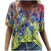 Ichuanyi Trendy Floral T-Shirt Women's Summer Short Sleeve Tunic Tops V Neck Graphic Tees Shirt Casual Comfy Blouses Tops