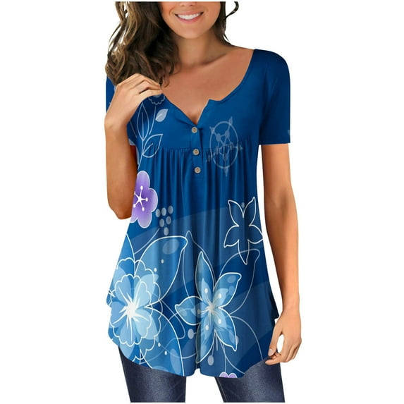 Ichuanyi Trendy Floral Tunic Tops for Women's Summer Casual Blouse Henley V Neck Short Sleeve Half Buttons Up T-Shirts