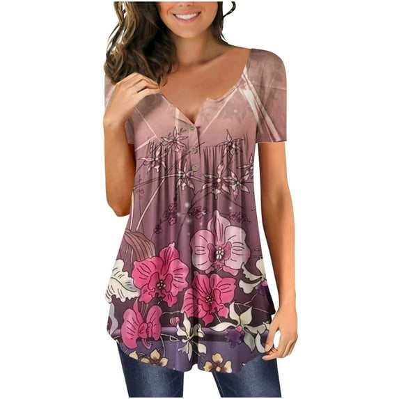 Ichuanyi Trendy Floral Tunic Tops for Women's Summer Casual Blouse Henley V Neck Short Sleeve Half Buttons Up T-Shirts