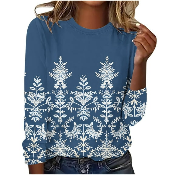 Ichuanyi Trendy T Shirt for Women Fall and Winter Plants Print Graphic Tee Tops Casual Round Neck Long Sleeve Tops