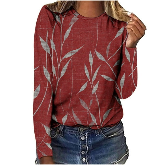Ichuanyi Trendy T Shirt for Women Fall and Winter Plants Print Graphic Tee Tops Casual Round Neck Long Sleeve Tops