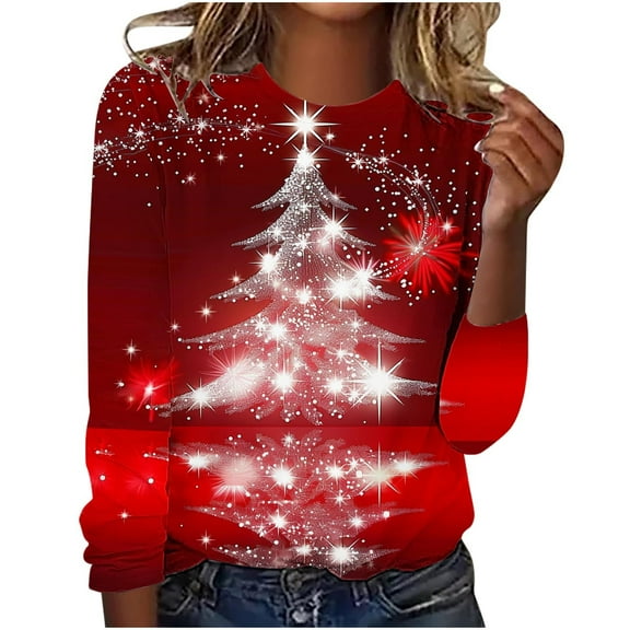 Ichuanyi Trendy T Shirt for Women Fall and Winter Plants Print Graphic Tee Tops Casual Round Neck Long Sleeve Tops