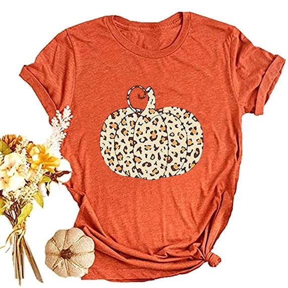 Ichuanyi Winter Pumpkin Women's Shirt Women Plaid Leopard Graphic Tees Funny Cute Short Sleeve Fall Shirt Thanksgiving Gift Tops