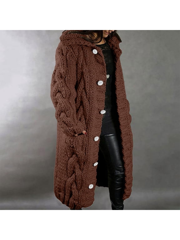 Ichuanyi Winter Long Womens Sleeve Cable Knit Long Cardigan Open Front Button Sweater Outerwear