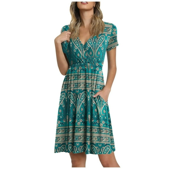 Ichuanyi Woman Dress, Clearance Summer Fashion Women Summer Casual V-Neck Print Short Sleeve Fold Mini Dress