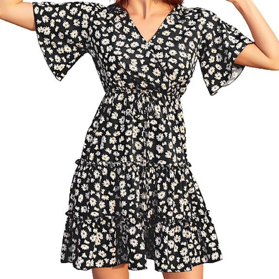 Ichuanyi Woman Dress, Summer Women Fashion Floral Print Long Sleeve V-Neck Casual Knee-Length Dress