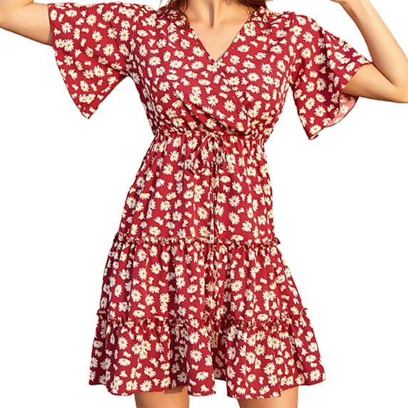 Ichuanyi Woman Dress, Clearance Summer Women Fashion Floral Print Long Sleeve V-Neck Casual Knee-Length Dress