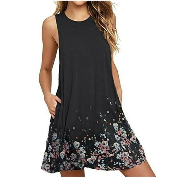 Ichuanyi Woman Dress, Summer Women Fashion O-Neck Printing Pockets Sleeveless A-Line Casual Nightdress Dress