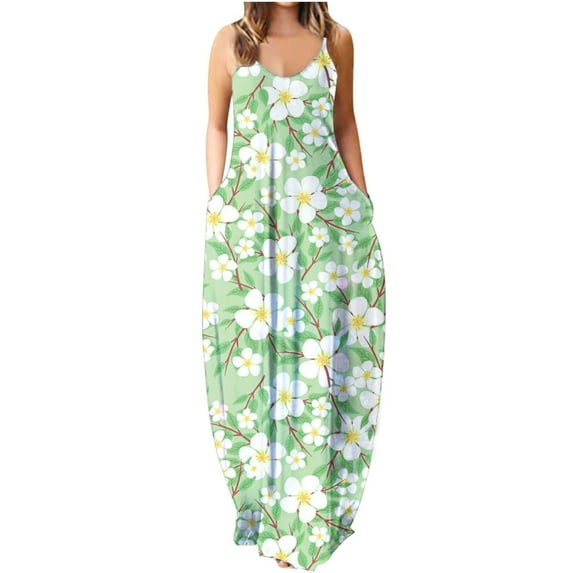 Ichuanyi Woman Dress, Clearance Summer Women Fashion Sling Mid-waist V-neck Sleeveless Stripe Floral Printing Slim Beach Long Dress