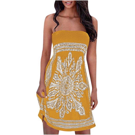 Ichuanyi Woman Dress, Summer Women Sexy Tube Strapless Strapless Printing Sleeveless A-Line Skirt Dress Dress