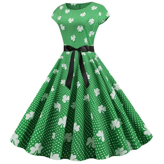 Ichuanyi Woman Dress, Clearance Summer Women St. Patrick's Day Retro O-Neck Printed Short-Sleeve Big Swing Dress