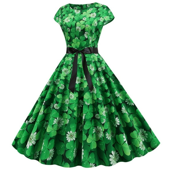 Ichuanyi Woman Dress, Clearance Summer Women St. Patrick's Day Retro O-Neck Printed Short-Sleeve Big Swing Dress