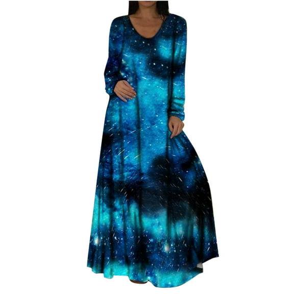 Ichuanyi Woman Dress, Summer Women's Fashion Casual Round Neck Long Sleeve 3D Printed Long Dress